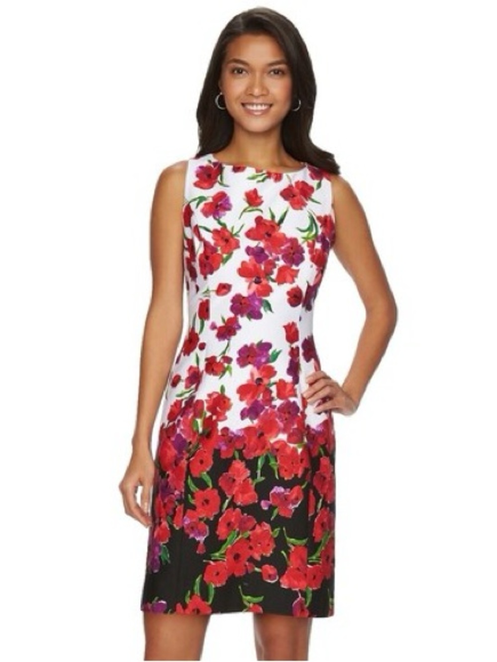 Chaps White Midi Dress with Red & Purple Floral Print NWT